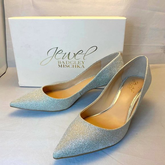 NEW Bridal / Wedding Jewel Badgley Mischka Silver Glitter Kitten Heels Sz 10 - Picture 1 of 13